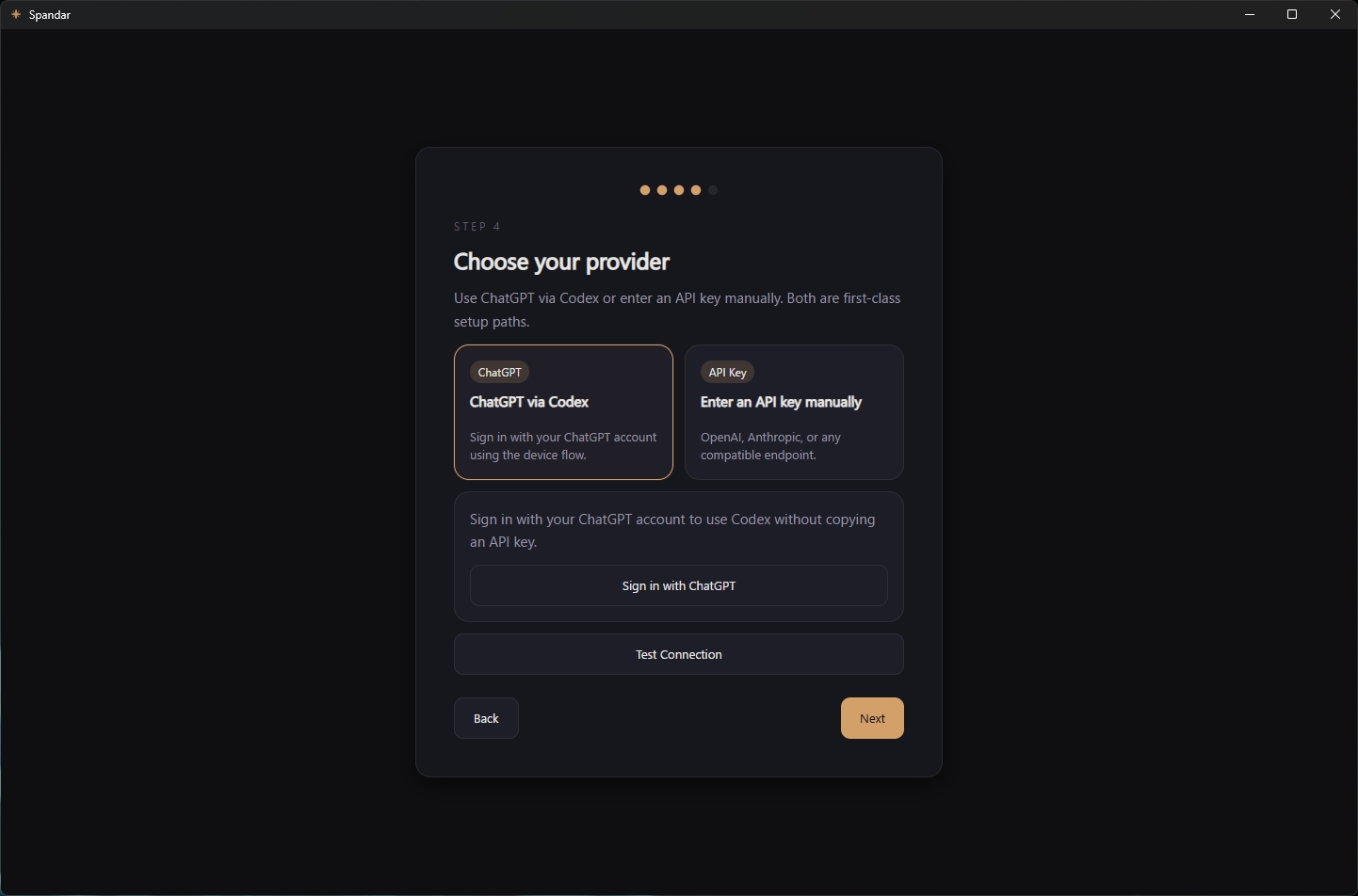 Connect via ChatGPT OAuth or bring your own API key