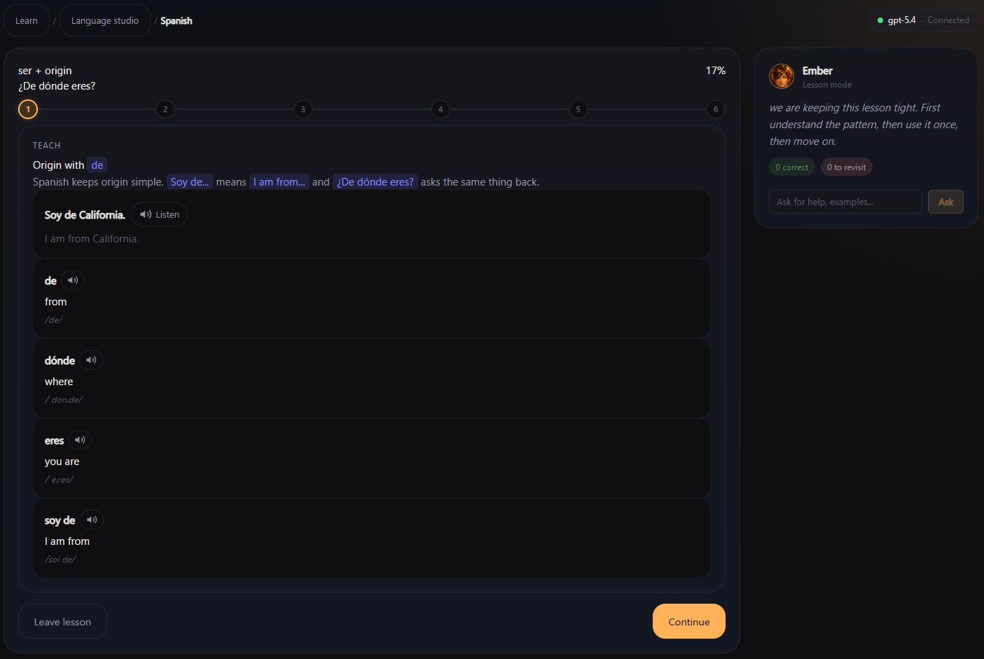 Spanish lesson with vocabulary cards and Ember tutoring