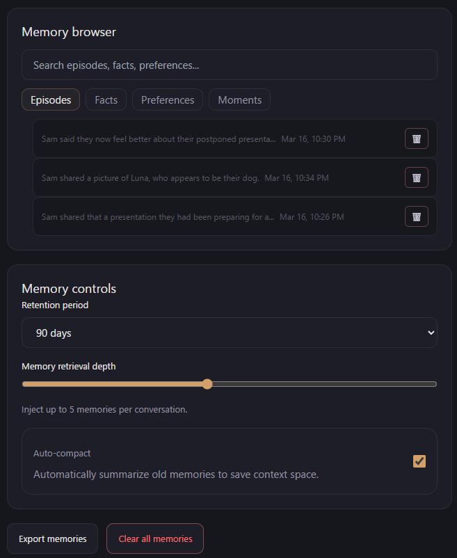 Memory browser with episodes, facts, and controls