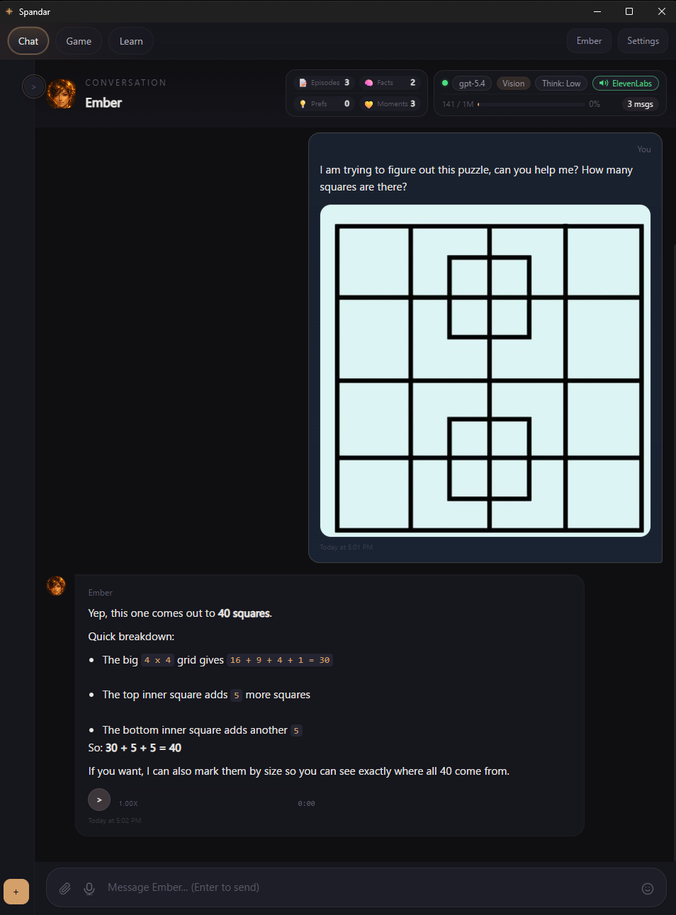 Vision: Ember solving a squares puzzle from an uploaded image